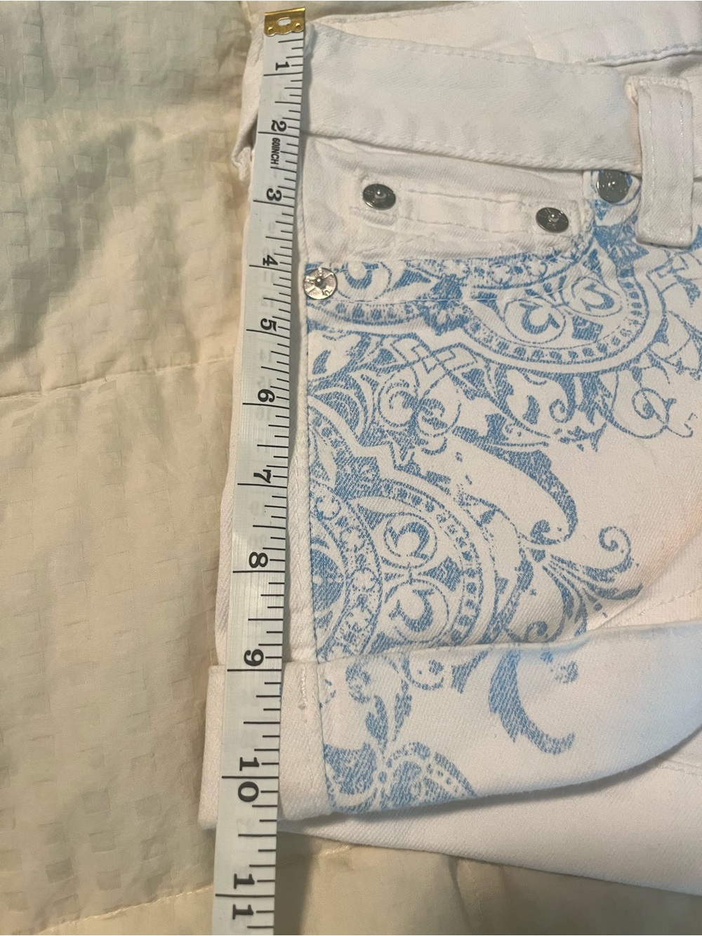 True Religion White Denim Shorts with Light Blue Scroll Print - Picture 10 of 12